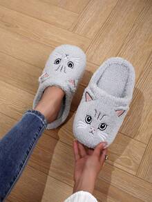 1 par de pantuflas bordadas con gato de dibujos animados, ligeras y silenciosas para interiores, para otoño/invierno, para parejas - Gris - Ver 1