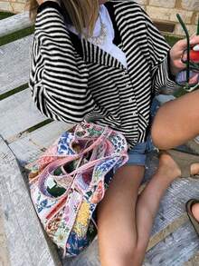 Vivid Style 秋冬新款女装时尚街头宽松条纹针织开衫毛衣外套，街头风，机场，圣诞节，圣诞毛衣，新年黑色度假风 - 黑色 - 查看 2