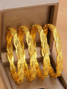 1/3/4pcs Vintage 18K Gold Plated Copper Asymmetrical Hollow Wheat Ear Cuff Bracelet Set, Suitable For Dubai/African Women's Daily, Party, Festival Gift