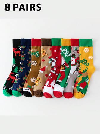 8 Pairs Unisex Christmas Socks, Soft & Comfortable Christmas Pattern, Fashionable & Warm, Couple Socks, Mid-Calf Length, Random Color Delivery, Suitable For Gifts And Daily Wear