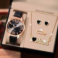 一套女士手表，配有PU皮表带、石英机芯、水钻表盘、配套项链、耳环、戒指和红宝石饰品，礼盒包装，适合日常佩戴、生日礼物、派对、节日聚会等场合，是送给自己或朋友的理想礼物。不含包装盒。
