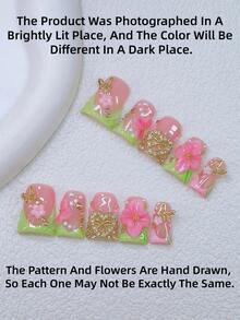10pcs Y2K Nails Chic Duckbill Press On Nails Set - Handcrafted, Green Nails, Pink Nails, Green And Pink French Tip Nails, Handmade 3D Flowers With Pink Petal, 3D Flowers Bling Nails, Hand Drawn Green Leaf And White Polka Dot, White And Pink Little Flower Element Design Decoration, Sparkling Gold Butterfly & Gold Love Pattern - 彩色 - 查看 4