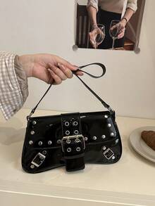 Brand New Punk Rivet Shoulder Bag, Portable, Suitable For Teen Girls, Female College Students, White-Collar Workers, Very Suitable For Work, Back To School, Middle School, High School, College, VacationSuitable For Shopping, Wallet, Shopping, Young Women, College Students, Newcomers, White-Collar Workers. Very Suitable For Office, College, Work, Business, Commuting, Outdoor Activities, Travel And Outings - Black - View 2