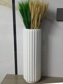 白色圓柱形塑膠花瓶，陶瓷感表面，極簡紋理設計，現代北歐風，幾何紋理搭配防滑底座，適合擺放人造花或鮮花 - 彩色 - 查看 4