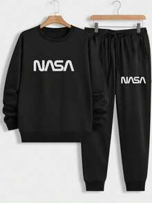 DIFFLAND Men's Casual Soft Comfortable Everyday Sweatsuit Set, Minimalist Printed Pattern, Black Crew Neck Pullover Sweatshirt + Sweatpants Set, Autumn Clothing - Black - View 3