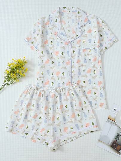 Women's Pajama Set, Cute Rabbit Print Short Sleeve Top With Pocket & Collar, And Bow Shorts, Sleepwear & Loungewear