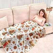 1pc Christmas Flannel Blanket With Gingerbread Man, Gingerbread House, Candy Cane, And Stocking Print, Soft And Warm Throw Blanket, Perfect Gift For Family And Friends, Suitable For Christmas Decor, Bedroom, Living Room, Office, Camping - White - View 8