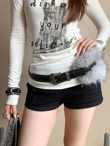 1pc Black PU Leather Material Faux Fur Retro Minimalist Wavy Rivet Decor Versatile Belt - Black - View 4