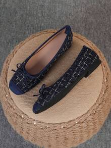 Women's Ballet Flats, Fashionable Square Toe Slip-On Soft Bottom Shoes, Versatile Flat Shoes, Blue & Gold Plaid Bow Flat Loafers, Size Run Large, Plus Size 35-43