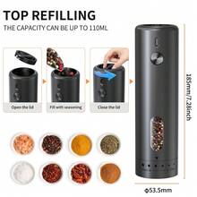 1pc Smart Electric Pepper Grinder. Type-C Charging (Includes 300mAh Lithium Battery). 110ml Large Capacity/LED Light|6 Coarseness Levels Adjustment|Top Filling/Ceramic Grinding Core. Suitable For Grinding Various Spices. Ideal For Kitchen, Outdoor And BBQ Use. An Essential Kitchen Tool.
