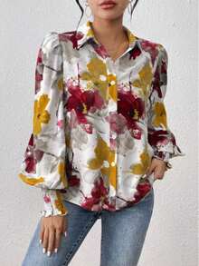Floral Print Button Front Lantern Sleeve Shirt, Vacation