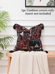 件黑色波西米亞抱枕套，帶流蘇和絨球，土耳其風格沙發裝飾墊，雪色提花