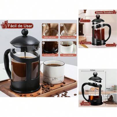 Prensa Francesa de 600ml en Color Negro - Vidrio de Borosilicato Resistente al Calor y Triple Filtro de Acero Inoxidable para Café y Té