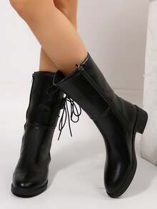 Western Style Buckle Decor Sexy Street Casual Commute PU Leather Drape Mid-Calf Boots, New Pointed Toe Design, Cowboy Boots For Women, Retro Flare Leg, Thick High Heel, Suitable For Wedding, Party, Office, Home, Outdoor, Summer & Autumn