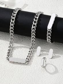 女士光滑链条项链、手链、耳环、戒指首饰套装 - 長方形 - 查看 7