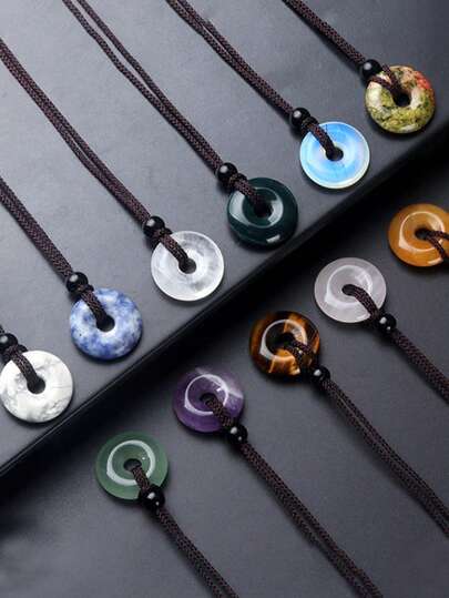 1pc/ Natural Crystal Agate Stone Peace Pendant Necklace, Donut Woven Fashionable Pendant Necklace, Festival Party Gift