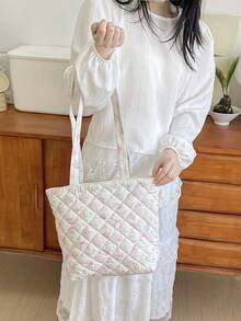 1 pièce Sac à main matelassé à motif floral, sac à bandoulière de voyage, sac fourre-tout à nœud et motif floral, sac de voyage à la mode, sac de courses, sac d'école, sac à déjeuner, grande capacité, sac de rangement pour aliments et fruits, boîte à déjeuner, pochette à bento, sac non isolant pour dîner, joli sac à déjeuner