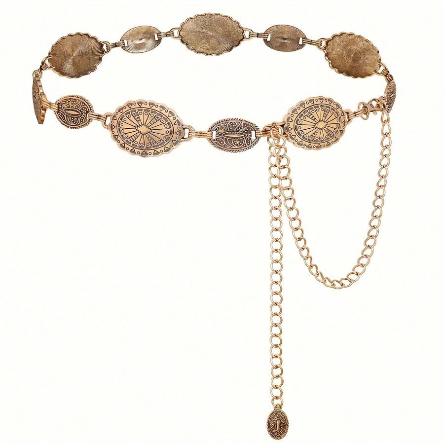 1 قطعة سلسلة خصر غربية ذهبية كبيرة الحجم، حزام معدني مزين بالعملات، إكسسوار جسم لإطلالة بوهيمية في المهرجانات والشاطئ