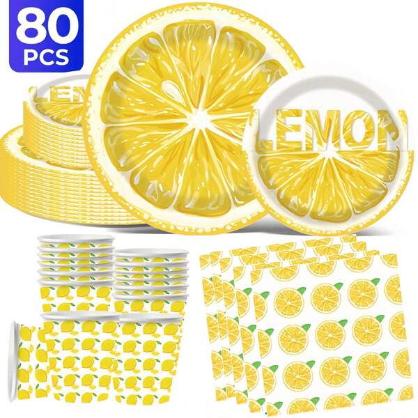 Fresh Lemon Pattern Theme 20/40/60/80/100 Disposable Tableware Set, Including 7-Inch Paper Tray, 9-Inch Cardboard, 9-Ounce Cup, Napkins, Suitable For Daily Gatherings, Birthday Parties, Bridal Showers, Baby Showers, Clubs, Weddings, Tea Parties, Picnics, Outdoor Outings, And Themed Parties.