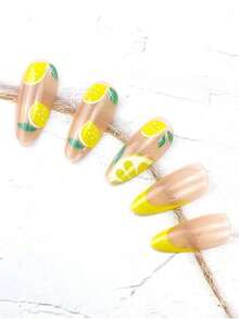 24 Peças de Unhas Postiças Curtas em Formato de Amêndoa, Cor de Pele Nua com Ponta Rosa, Formato de Folha de Limão, Brilhante, Conjunto Completo, Adequado para Uso Diário por Mulheres e Meninas + 1 Peça de Cola de Gelatina + 1 Lixa