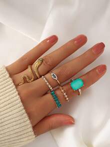 Set de 6 anillos ajustables con forma de serpiente de cristal verde con estilo bohemio para mujeres