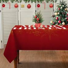 1pc Christmas Red & Gold Snowflake Letter Rectangular Tablecloth, Holiday Dining Table Decor, Suitable For Family Gatherings, Living Room, Dining Room, Christmas Themed Events, Durable Polyester Fabric