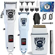 LARGNER LARGNER Set de 3 piezas para hombre: Recortadora y maquinilla de afeitar profesional dorada - Kit de corte de pelo recargable por USB con pantalla LCD, que incluye maquinilla eléctrica, recortadora de cuchilla en T, 8 peines guía, 3 cables USB, 1 cepillo de limpieza y peine - Regalo ideal