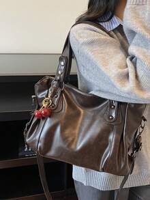 This Classic And Fashionable New Multi-Functional Solid Color Shoulder Bag Is Designed With A Large Capacity Vintage PU Material, Decorated With A Cherry Pendant, And Equipped With A Zipper, Making It An Ideal Choice For Women's Commuter Bags. It Is Very Suitable For Shopping, Travel And Commuting And Other Occasions. , Office Bag