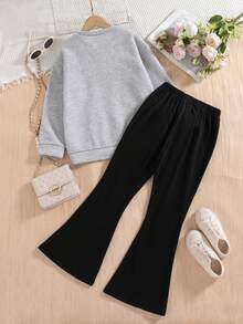 2 件女童休闲时尚纯色蝴蝶结装饰圆领落肩长袖羊毛运动衫和裤子套装，秋冬 - 淺灰色 - 查看 2