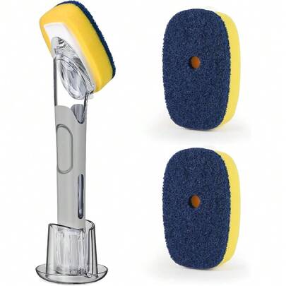 Soap Dispensing Dish Brush Set With Holder & 2 Sponge Refills – Built-In Soap Dispenser Handle For Cleaning Dishes, Pans, Pots, And Sinks