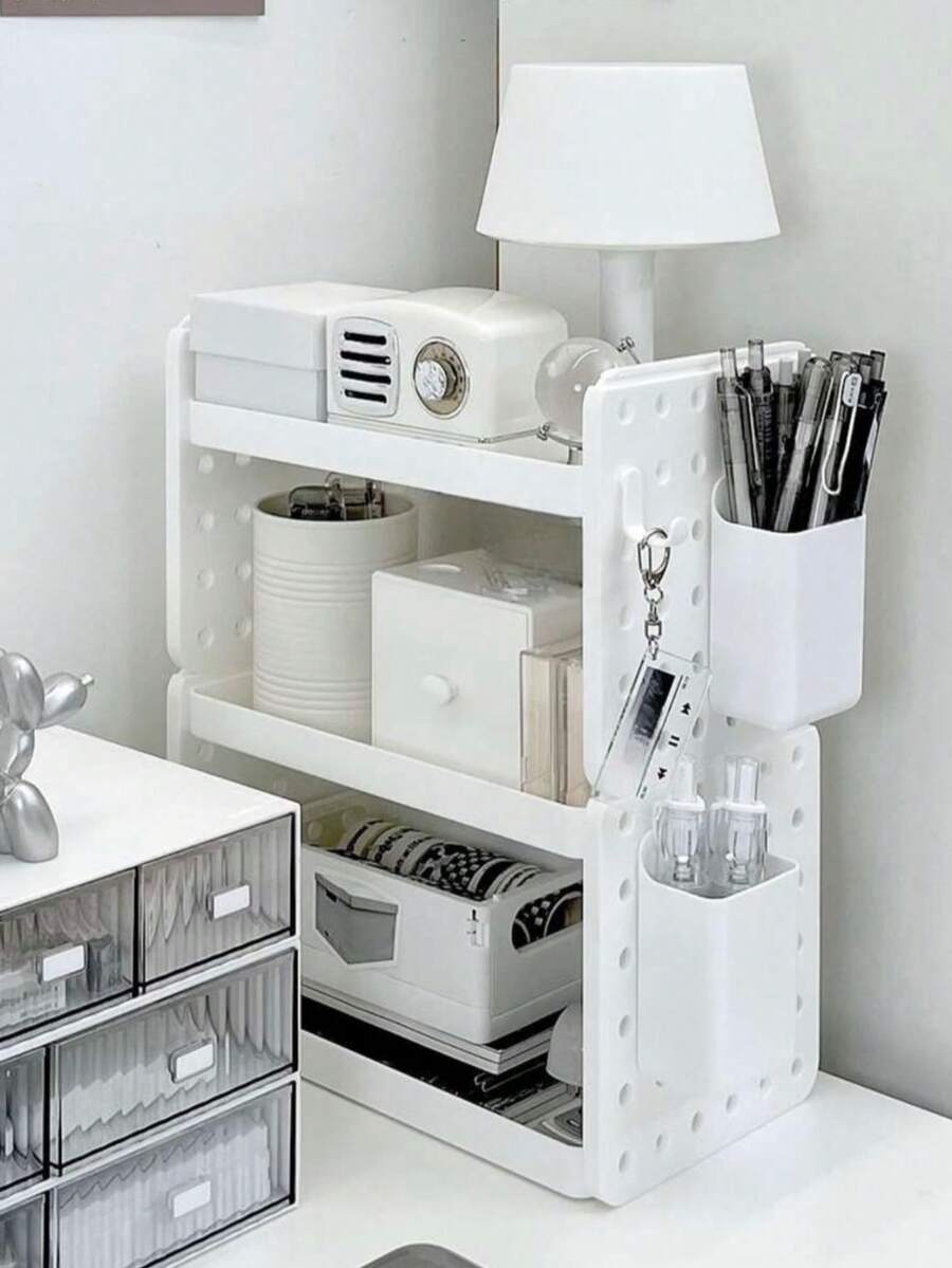 1 pieza Organizador de escritorio de doble capa con estilo Ins, con ganchos, soporte para lápices y estante de almacenamiento