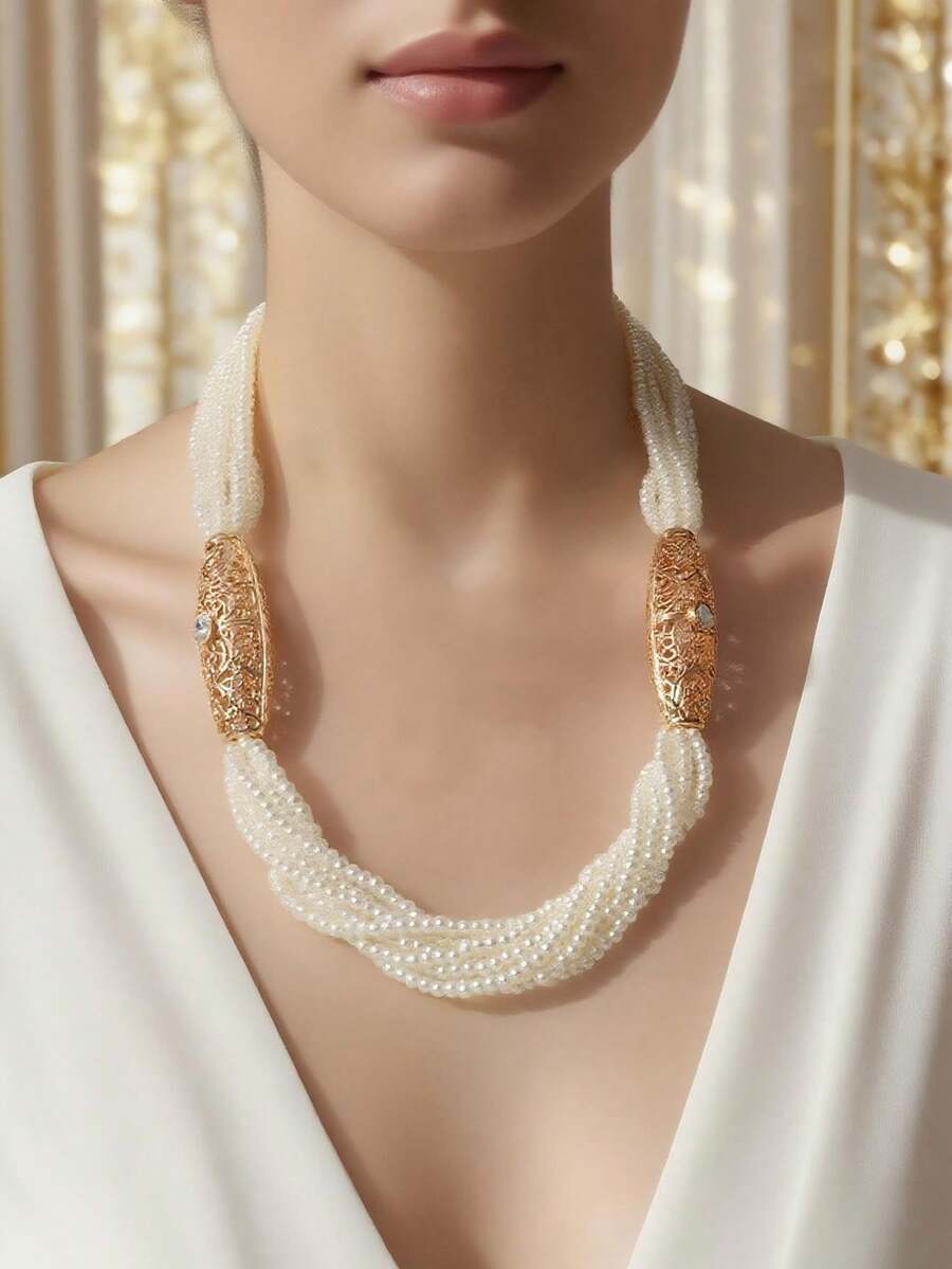 Herseygold 1pc Handmade Multi-Layer Pearl Necklace With Arabic Floral Gold Plated Design, Middle Eastern Arabic Bridal Necklace, Wedding & Festival Jewelry For Women - Gold - View 1