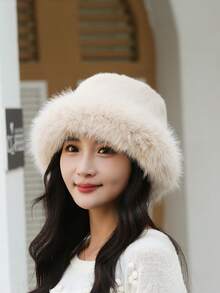Classic Solid Color Autumn/Winter Women's Bucket Hat, Thickened Fluffy Fashion Simple Design, Mongolian Style, Polyester Fiber Soft Fleece Decoration, Casual Winter Warm