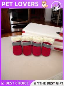 4只/套加厚保暖幼犬靴，防滑鞋，软底，保暖内衬，防风防寒，可调节反光带，适合秋冬季室内外穿着，适用于贵宾犬、比熊犬、博美犬、马尔济斯犬、吉娃娃犬及其他小型犬幼犬。