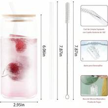 2 Piezas de Vasos de Vidrio de 16oz, Juego de Vasos de Vidrio con Tapa, Adecuado para Whisky, Café, Cerveza, Incluye 2 Pajitas de Vidrio y 1 Cepillo para Pajitas - 16 oz 6 piezas - Ver 2