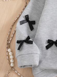 2 件女童休闲时尚纯色蝴蝶结装饰圆领落肩长袖羊毛运动衫和裤子套装，秋冬 - 淺灰色 - 查看 6