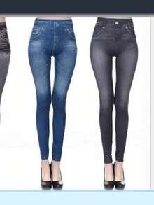 Women's Casual Minimalist Leggings, Blue Denim Effect High Stretch Skinny Pants, Suitable For Fitness, Training, Dance - Navy Blue - View 2