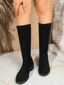 女士秋冬新款仿麂皮面料黑色及膝靴，后拉链设计复古简约个性舒适圆头粗跟及膝靴，时尚百搭正装靴细靴 - 黑色 - 查看 2