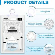 大号除湿袋 悬挂式防潮防霉家用空气除湿配件 无需接电即可使用 除湿机配件 悬挂式吸湿袋加干燥剂 大容量干燥剂 白色配黑色盖子和挂钩