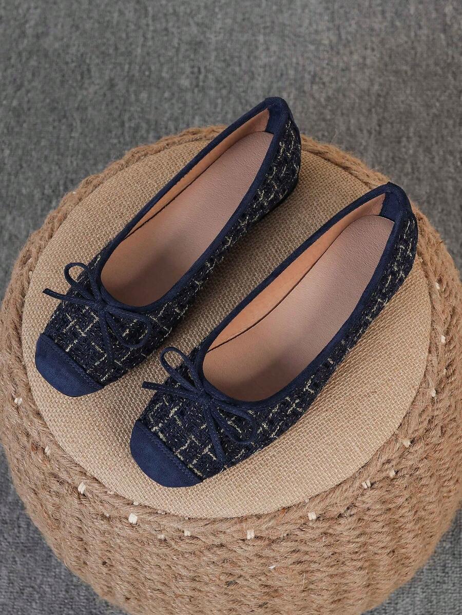 Women's Ballet Flats, Fashionable Square Toe Slip-On Soft Bottom Shoes, Versatile Flat Shoes, Blue & Gold Plaid Bow Flat Loafers, Size Run Large, Plus Size 35-43