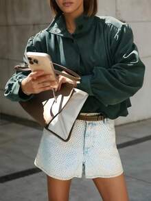 Women's 2025 New Arrival Elegant Mandarin Collar Short Jacket - Dark Green Relaxed Fit All-Season Versatile Coat, Machine Washable Casual To Semi-Formal Outerwear For Women, Jacket For Women, Casual Attire, Minimalist Design, Highquality Stitching, Fabric, Office Attire - Army Green - View 6