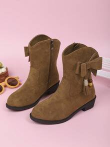 1 Paar Kinderstiefel, modische Stiefel bis zur Wade, seitlicher Reißverschluss mit Schleifen-Dekor Einfarbig Veloursleder, vielseitig für Mädchen Outdoor-Tragen im Herbst/Winter