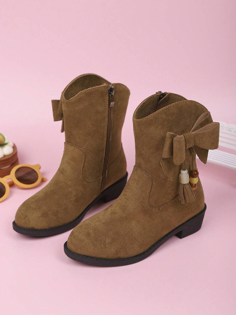 1 Paar Kinderstiefel, modische Stiefel bis zur Wade, seitlicher Reißverschluss mit Schleifen-Dekor Einfarbig Veloursleder, vielseitig für Mädchen Outdoor-Tragen im Herbst/Winter