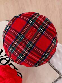 3 件套女婴红色泡泡袖上衣、蝴蝶结装饰格子裙和帽子、休闲装/演出服套装 - 紅色 - 查看 5