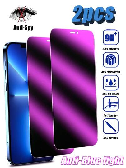 2 件紫光防窥钢化玻璃屏幕保护膜，防蓝光，隐私保护，兼容手机 11/12/13/14 Pro Max/15 Pro Max/16/16 Plus/16 Pro/16 Pro Max/16e/17/17 Air/17 Pro/17 Pro Max