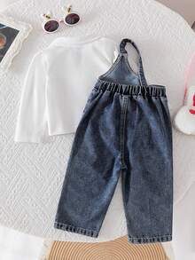 2pcs Baby Girls' Bubble Long Sleeve Polo Shirt And 3D Rabbit Denim Pants Set, Cute Casual Outfit For Outdoor Play, Collegiate Style - White - View 2