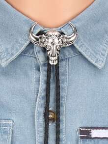 1pc Punk Western Cowboy Bull Head Embossed Bolo Tie Necklace, Versatile Braided Necktie Choker Necklace, Gift For Father/Boyfriend