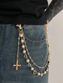 1pc Men's Retro Luxury Multi-Layer Rhinestone & Faux Pearl Pants Chain, For Pants Decoration Summer, School Autumn-Winter Accessories Halloween Costume,Suitable For Teens, Youth,Men,Casual, Outdoor, Athletic, Vacation, Graduation Gifts, Birthday, Daily Wear - Cross Pendant - Gold - View 6