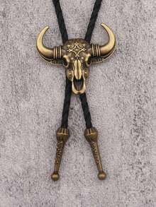 1pc Punk Western Cowboy Bull Head Embossed Bolo Tie Necklace, Versatile Braided Necktie Choker Necklace, Gift For Father/Boyfriend