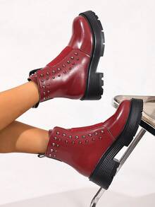 Botas cómodas y casuales de suela gruesa, hechas a mano con hebilla y elástico, de color rojo/negro, con tacón grueso y cuña, nuevas para otoño/invierno